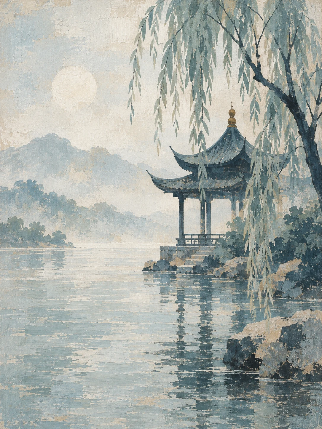 A pagoda and willow by water, delicate line and wash in stone, cream, gray, green; portrait artwork.