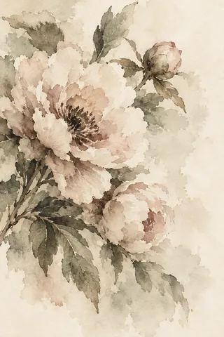 A peony spray on pale silk-toned ground in cream, white, sage, stone; portrait artwork.