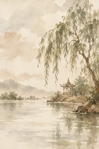 A pagoda and willow by water, delicate line and wash in cream, sand, stone, taupe; portrait artwork.