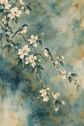 A flowering branch with two small birds in stone, sage, olive, gray; portrait artwork.