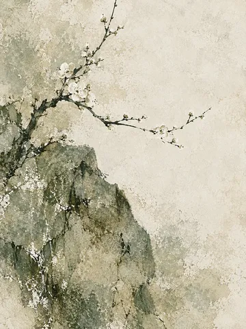 A garden rock and plum blossom in cream, sage, sand, stone; portrait artwork.