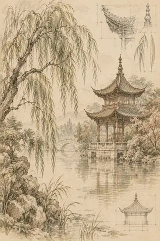 A pagoda and willow by water, delicate line and wash in cream, sand, stone, sage; portrait artwork.