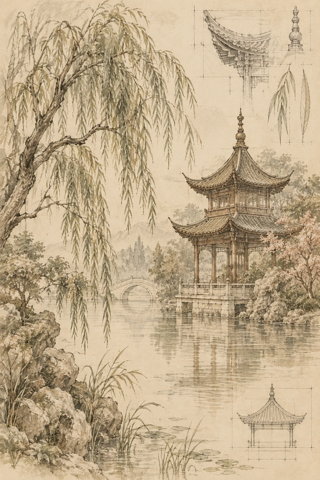 A pagoda and willow by water, delicate line and wash in cream, sand, stone, sage; portrait artwork.
