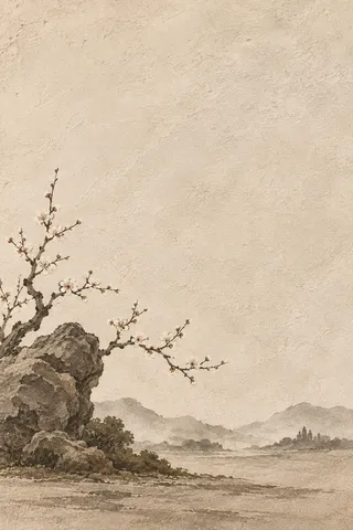 A garden rock and plum blossom in cream, sand, olive, stone; portrait artwork.