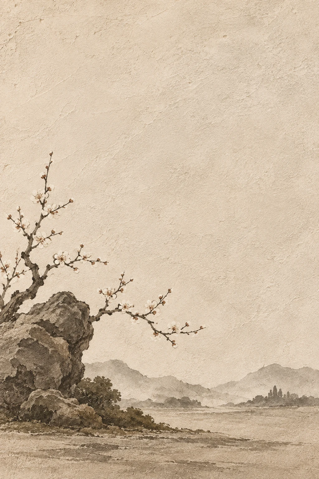 A garden rock and plum blossom in cream, sand, olive, stone; portrait artwork.
