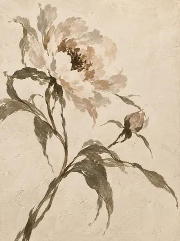 A peony spray on pale silk-toned ground in cream, taupe, sand, stone; portrait artwork.