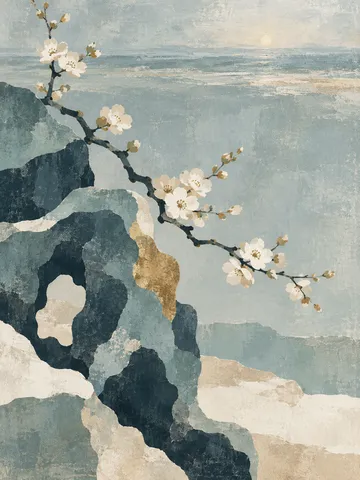 A garden rock and plum blossom in stone, gray, forest green, cream; portrait artwork.