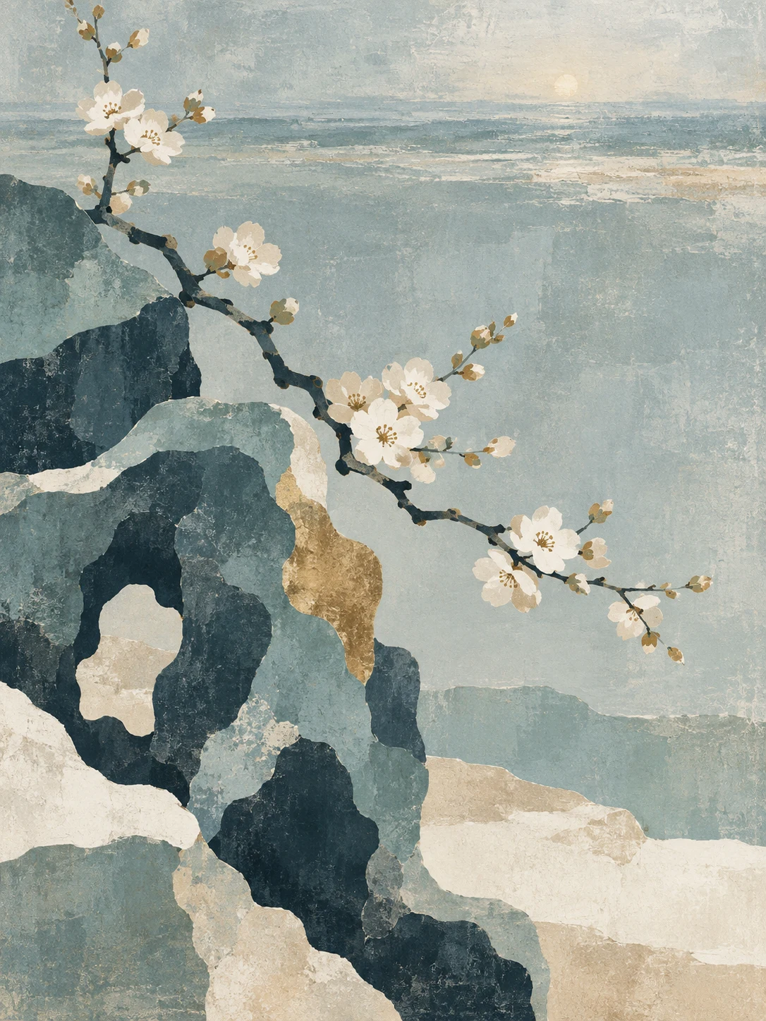 A garden rock and plum blossom in stone, gray, forest green, cream; portrait artwork.