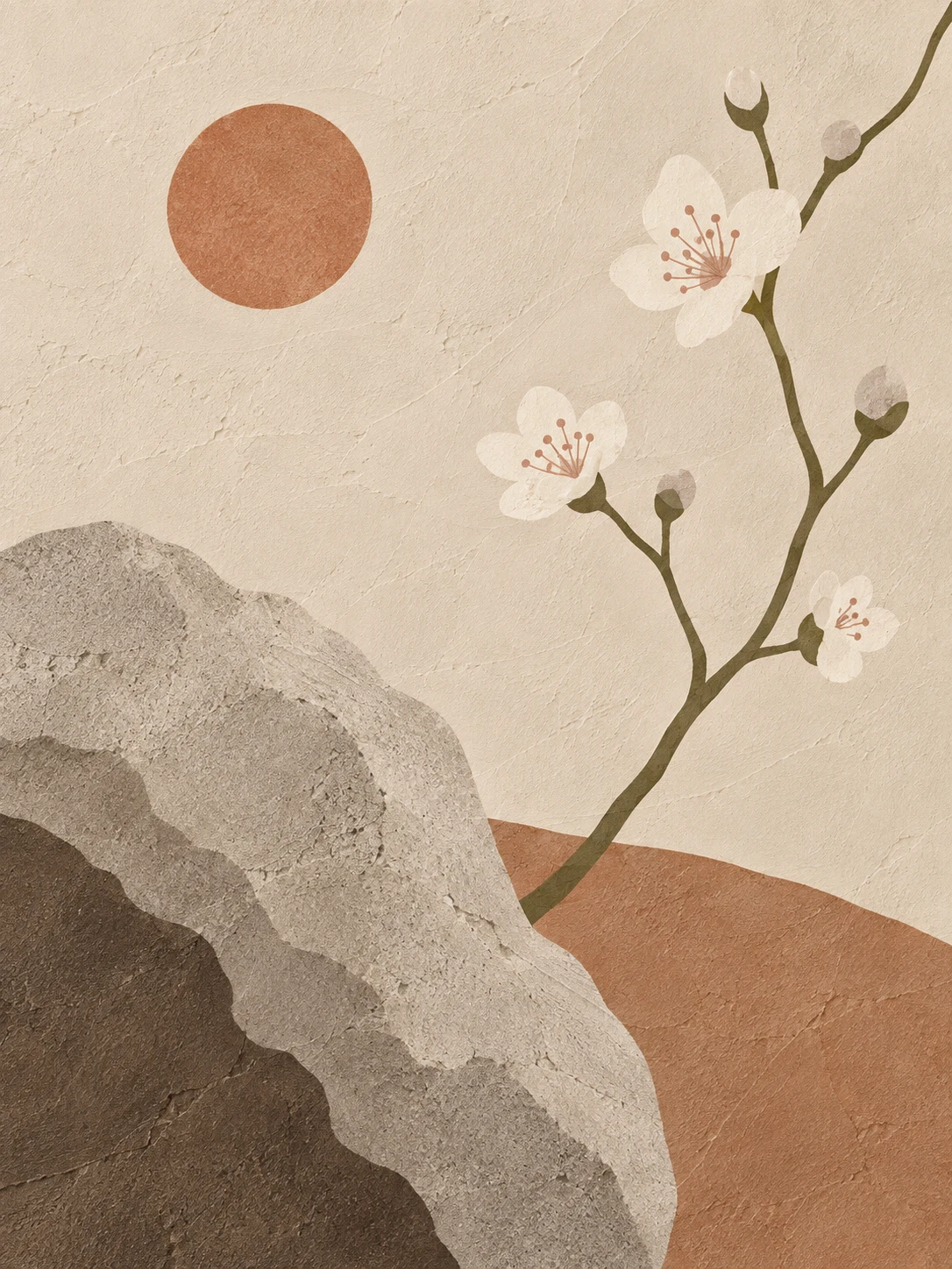 A garden rock and plum blossom in cream, ochre, stone, gray; portrait artwork.