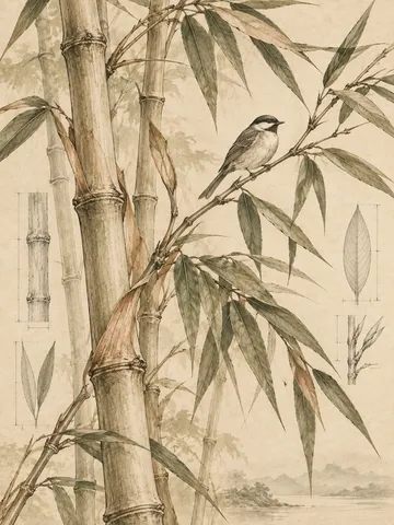 Bamboo stems with a single bird in cream, sand, sage, stone; portrait artwork.
