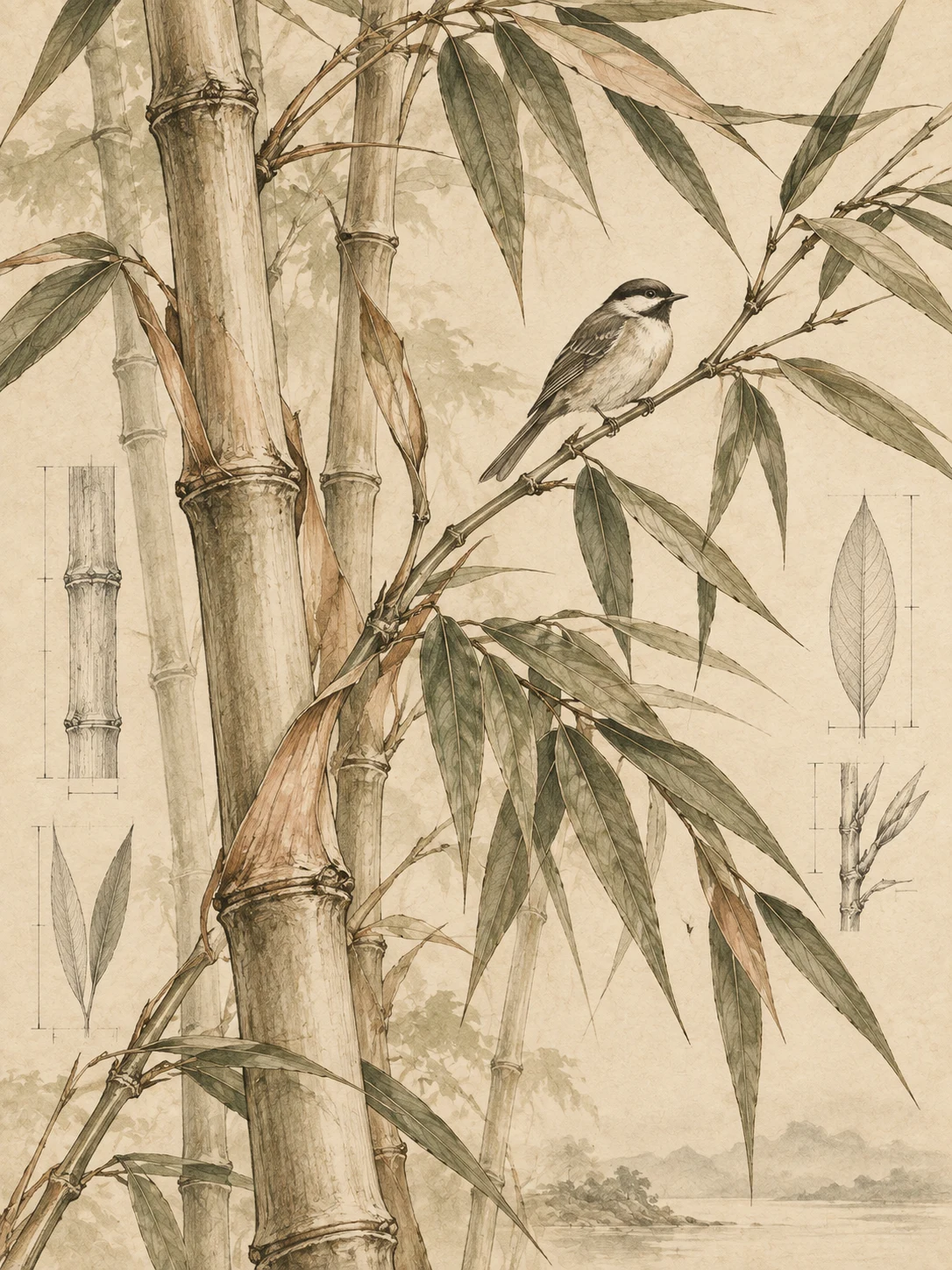 Bamboo stems with a single bird in cream, sand, sage, stone; portrait artwork.