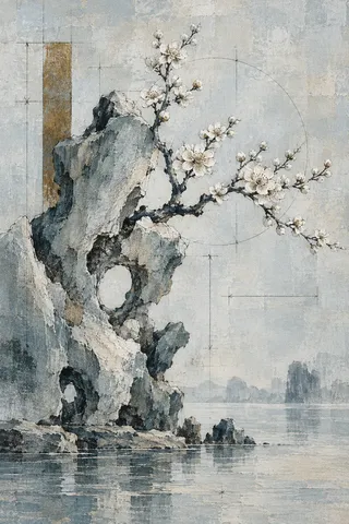 A garden rock and plum blossom in stone, gray, cream, charcoal; portrait artwork.