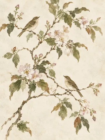 A flowering branch with two small birds in cream, white, sand, taupe; portrait artwork.