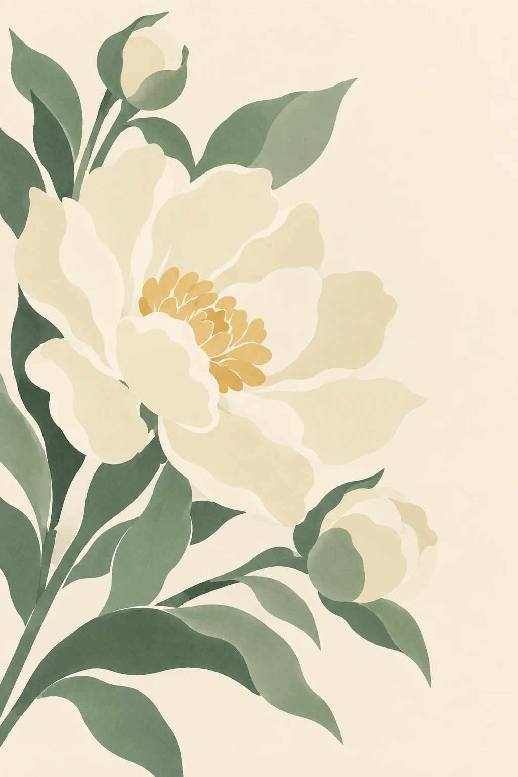 A peony spray on pale silk-toned ground in white, cream, sage, olive; portrait artwork.