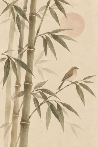 Bamboo stems with a single bird in cream, sand, taupe, stone; portrait artwork.