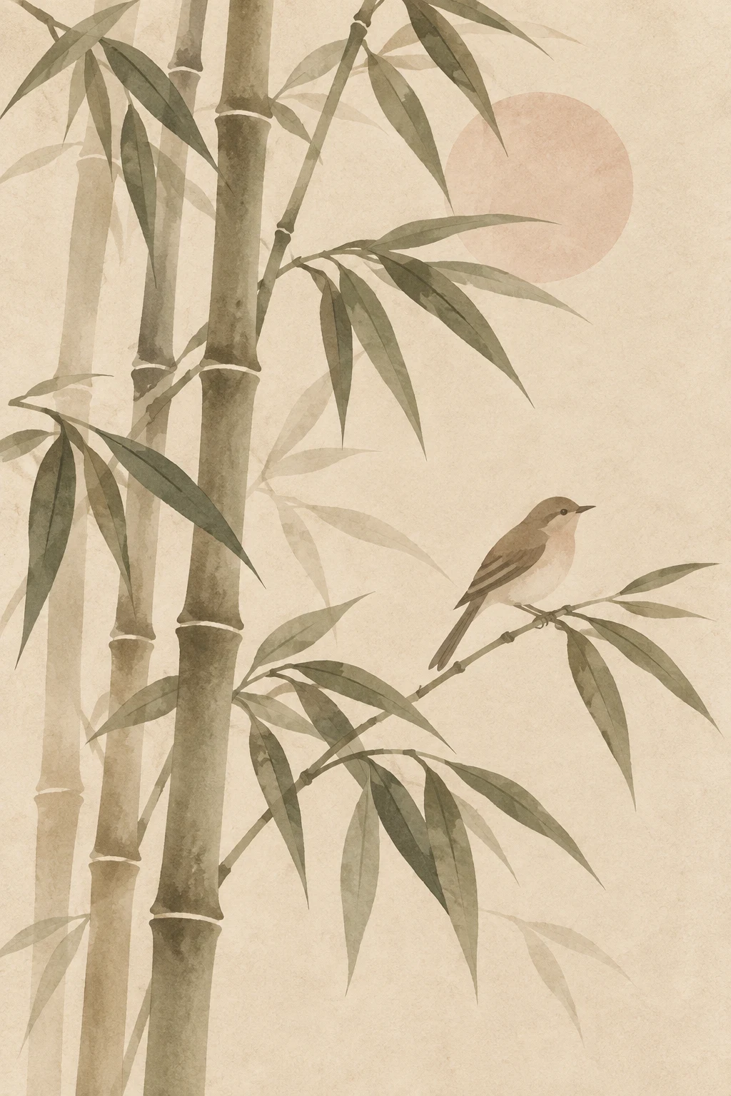 Bamboo stems with a single bird in cream, sand, taupe, stone; portrait artwork.