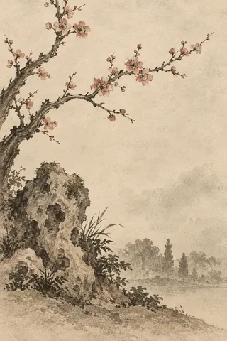 A garden rock and plum blossom in cream, stone, sand, taupe; portrait artwork.