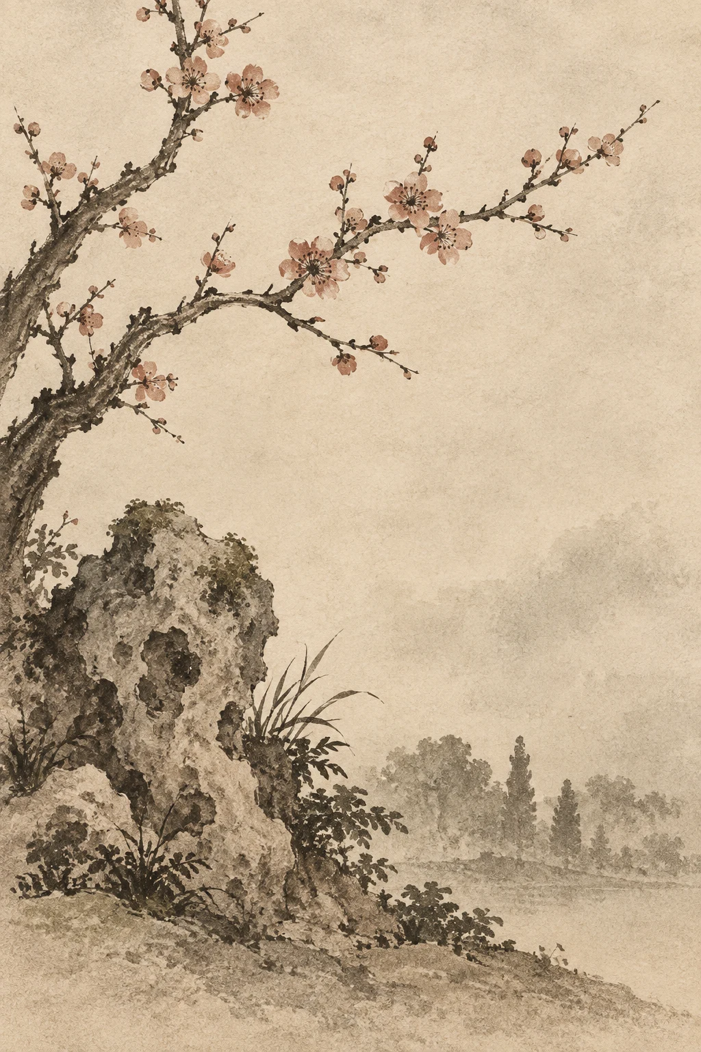 A garden rock and plum blossom in cream, stone, sand, taupe; portrait artwork.