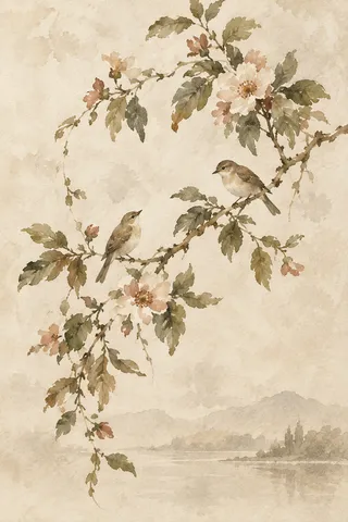 A flowering branch with two small birds in cream, sand, stone, taupe; portrait artwork.