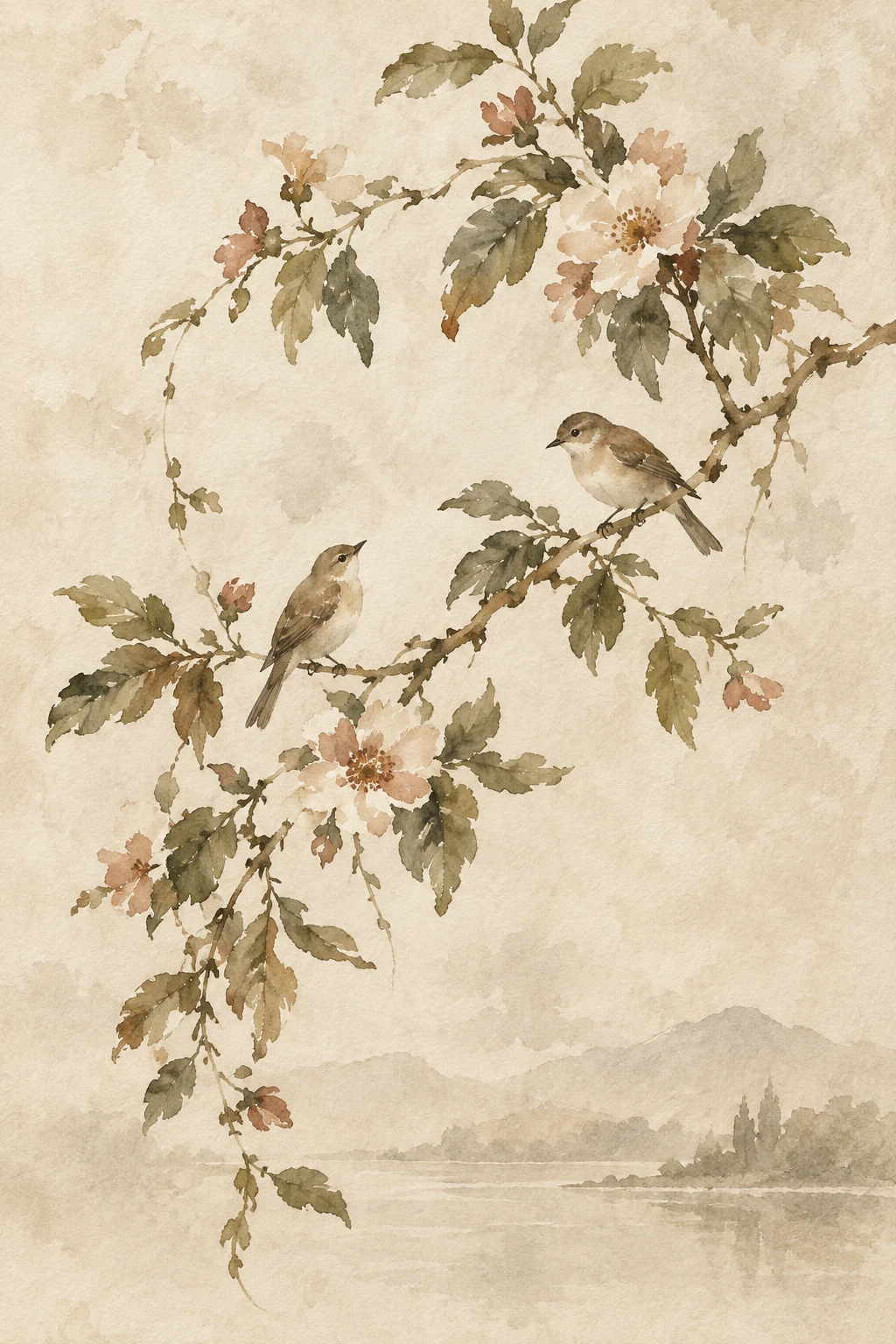 A flowering branch with two small birds in cream, sand, stone, taupe; portrait artwork.