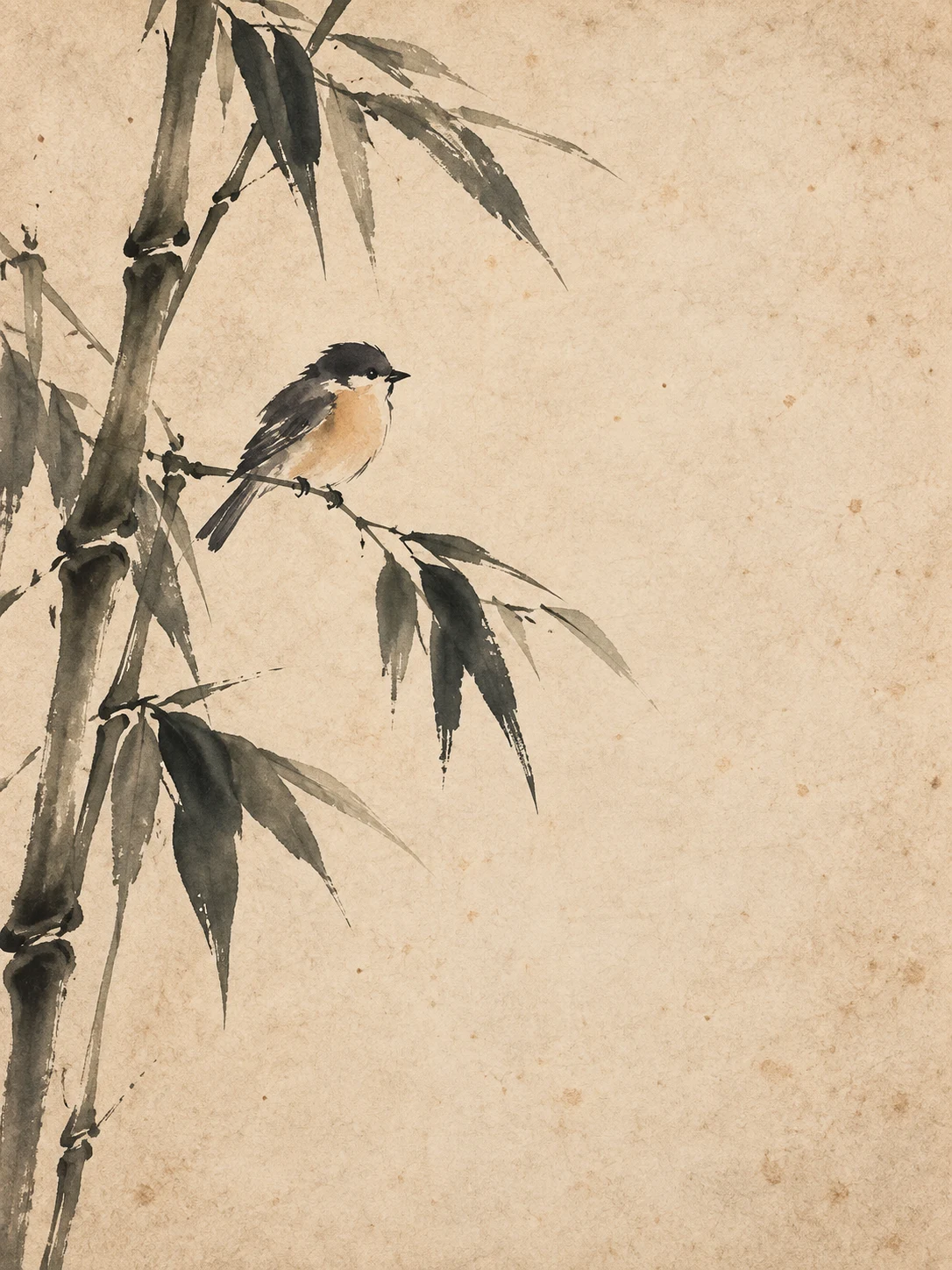 Bamboo stems with a single bird in cream, stone, olive, sand; portrait artwork.