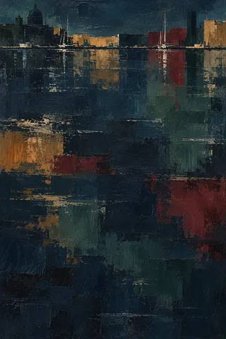 A harbour city from the water, blocks of color in black, forest green, brown; portrait artwork.
