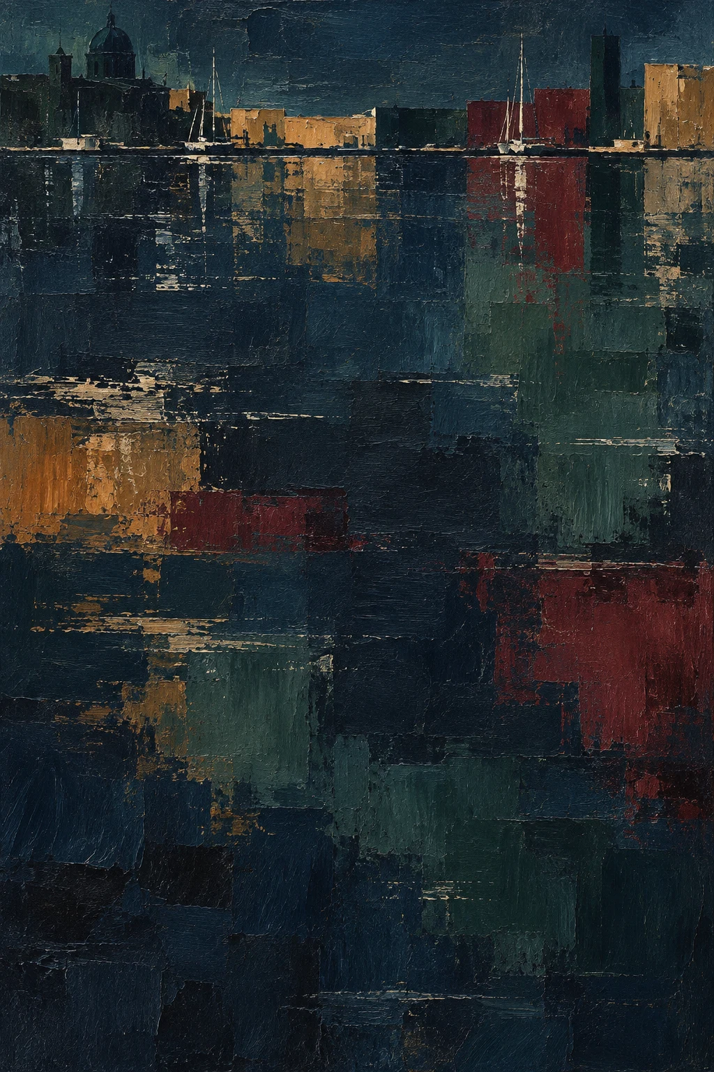 A harbour city from the water, blocks of color in black, forest green, brown; portrait artwork.