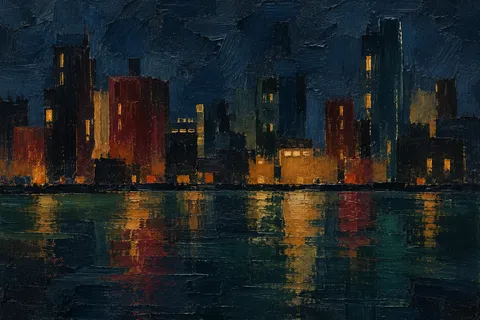 A night skyline as a few lit windows on dark in black, brown, navy; landscape artwork.