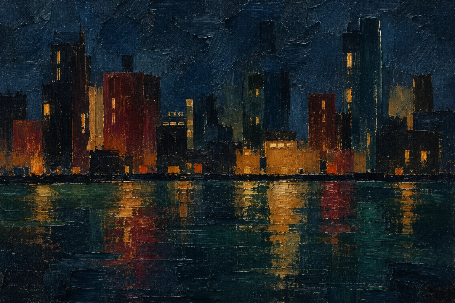 A night skyline as a few lit windows on dark in black, brown, navy; landscape artwork.