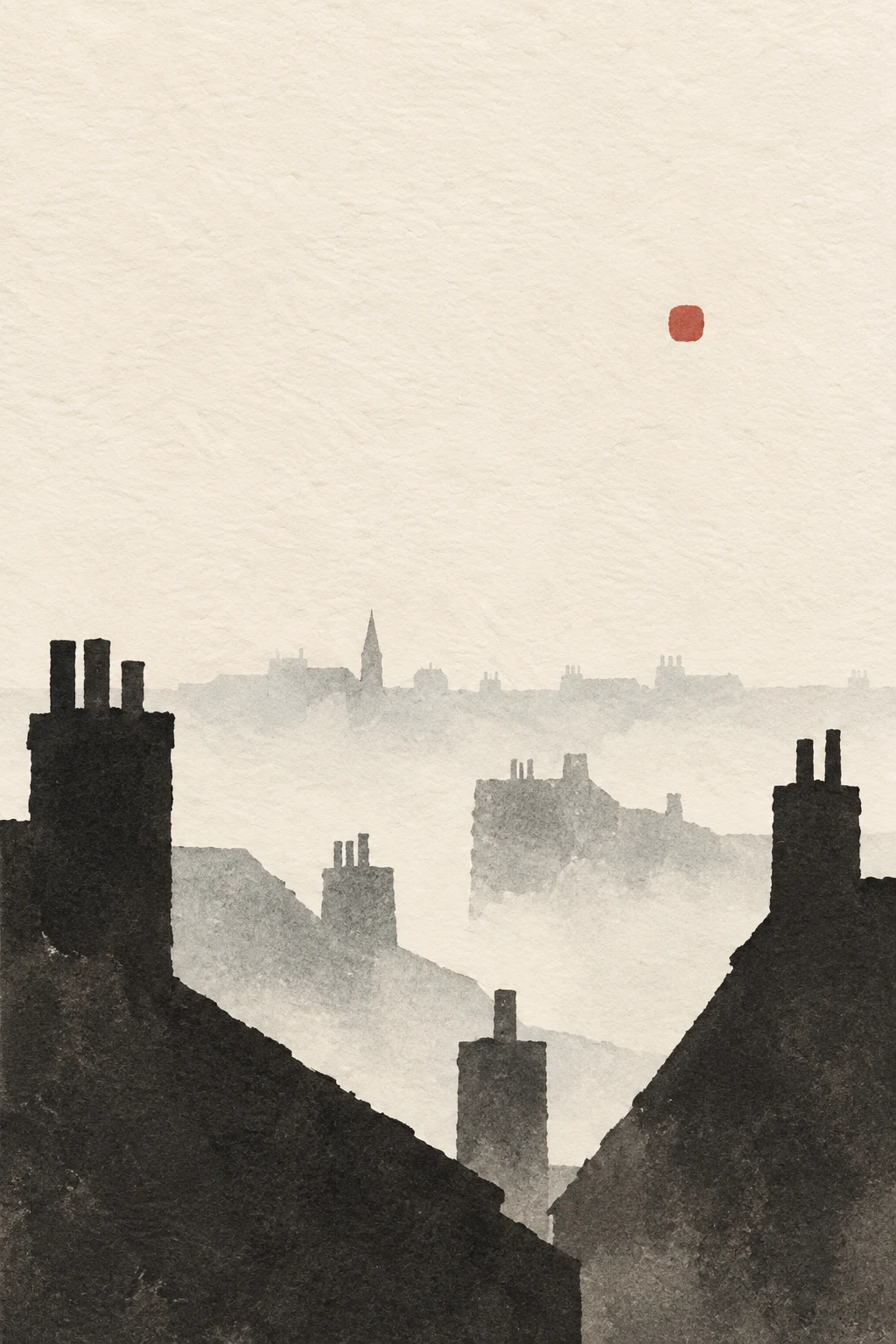 Rooftops and chimneys in morning haze in cream, white, black, charcoal; portrait artwork.