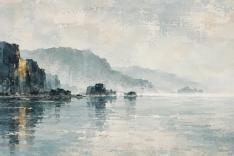A skyline reduced to soft tonal blocks in cream, stone, gray, charcoal; landscape artwork.