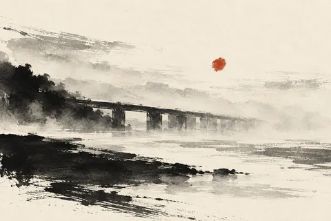 A bridge span disappearing into fog in cream, white, black, stone; landscape artwork.