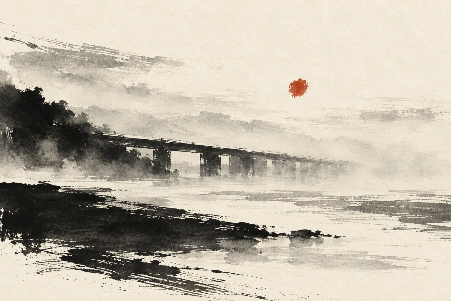 A bridge span disappearing into fog in cream, white, black, stone; landscape artwork.