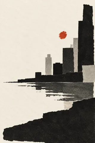 A skyline reduced to soft tonal blocks in white, black, cream, charcoal; portrait artwork.