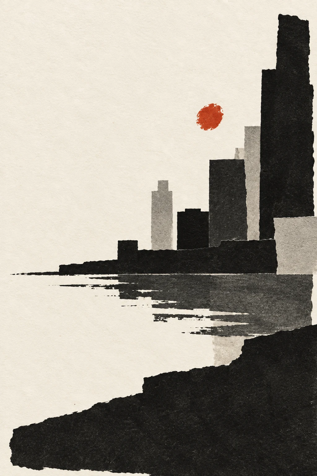 A skyline reduced to soft tonal blocks in white, black, cream, charcoal; portrait artwork.