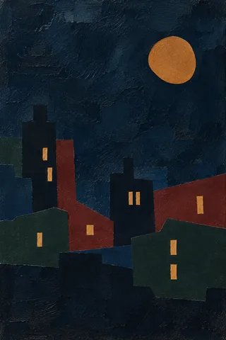 A night skyline as a few lit windows on dark in black, charcoal; portrait artwork.