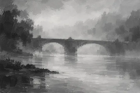 A bridge span disappearing into fog in stone, gray, charcoal, black; landscape artwork.