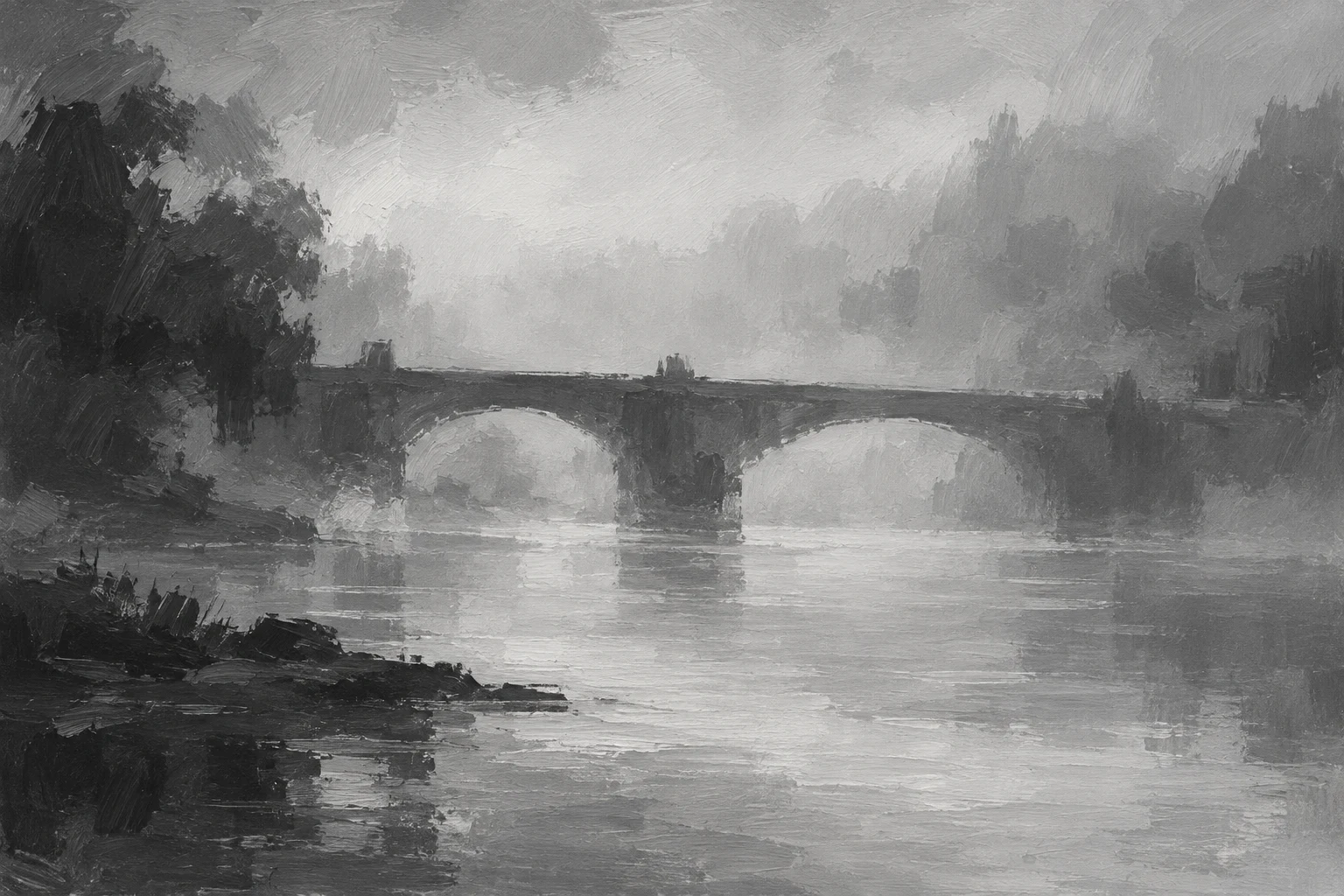 A bridge span disappearing into fog in stone, gray, charcoal, black; landscape artwork.