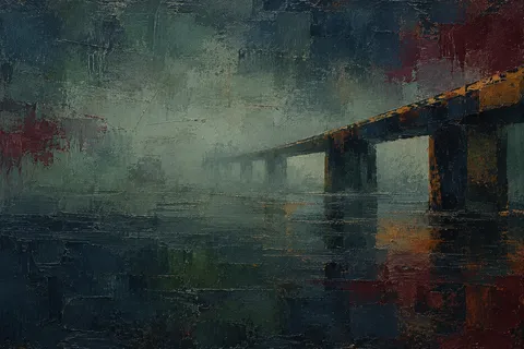 A bridge span disappearing into fog in black, charcoal, gray, forest green; landscape artwork.
