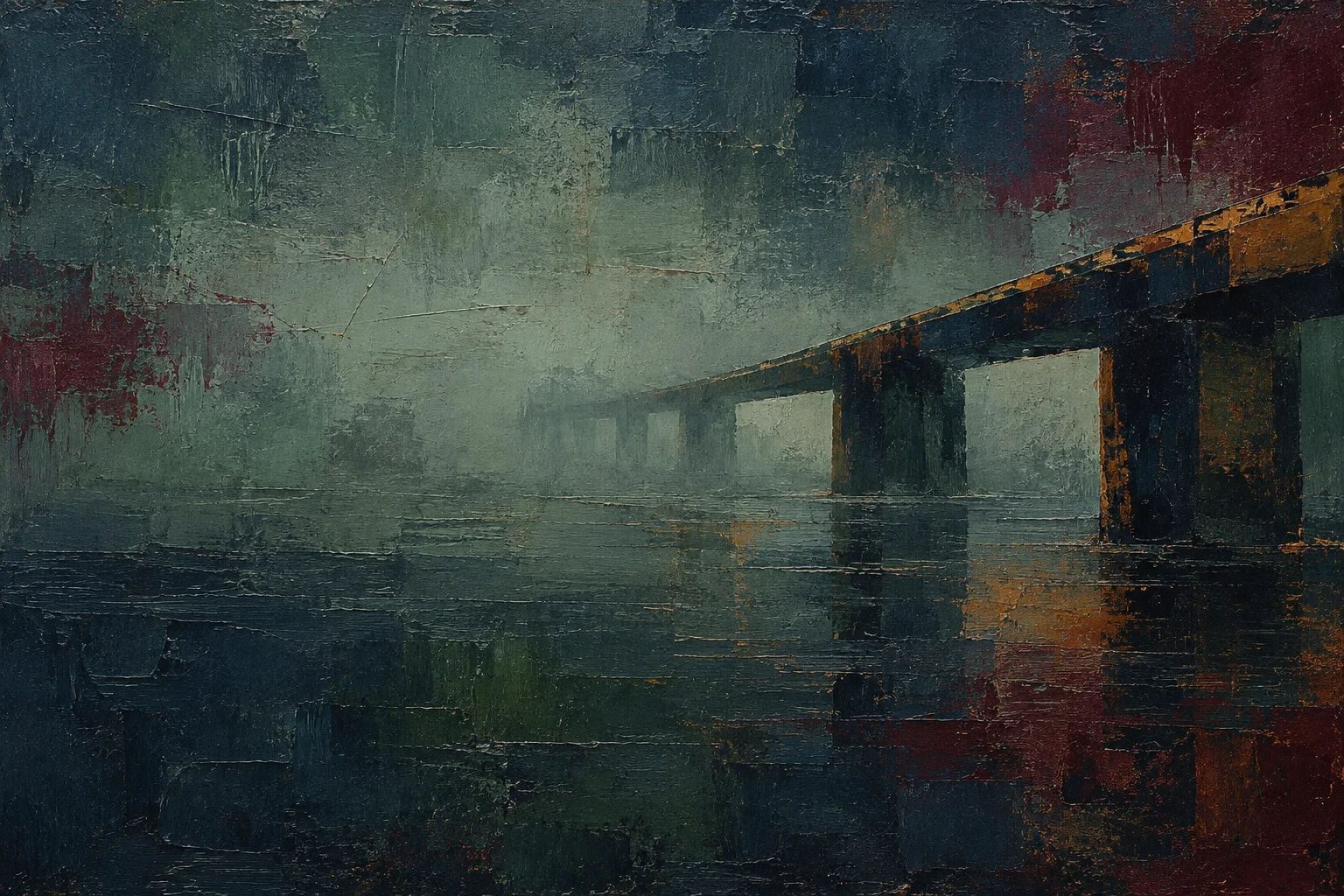 A bridge span disappearing into fog in black, charcoal, gray, forest green; landscape artwork.