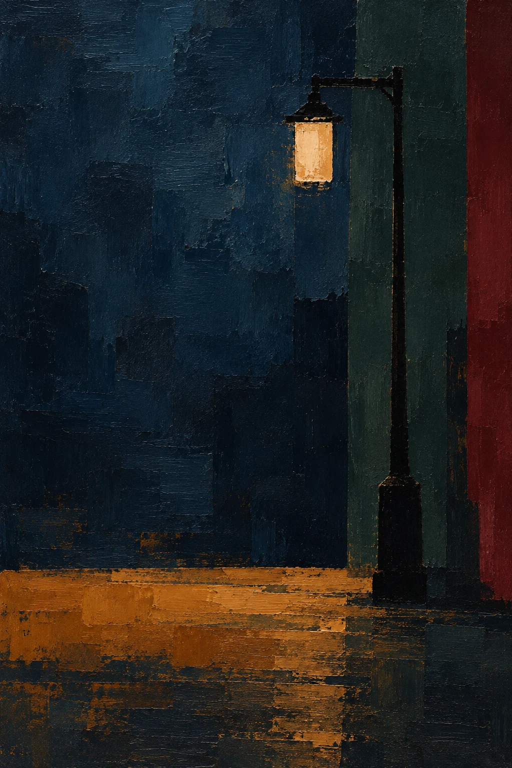 A single street lamp on an empty avenue in black, brown; portrait artwork.