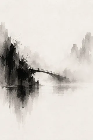 A bridge span disappearing into fog in white, cream, charcoal, stone; portrait artwork.