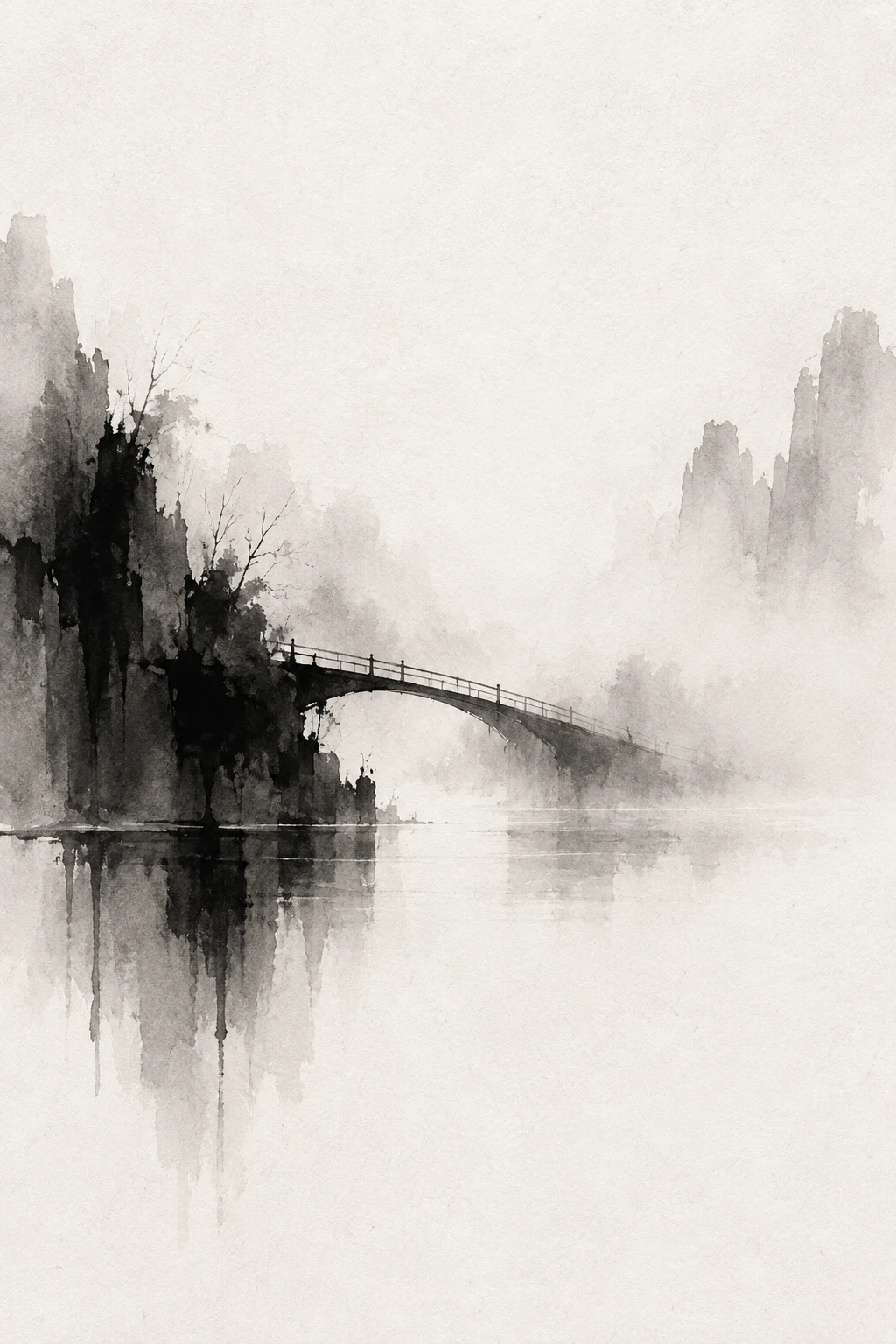 A bridge span disappearing into fog in white, cream, charcoal, stone; portrait artwork.