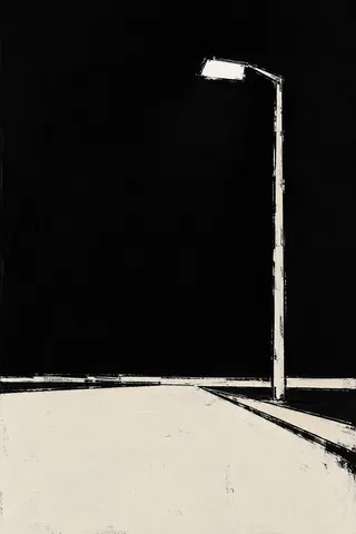 A single street lamp on an empty avenue in black, cream; portrait artwork.