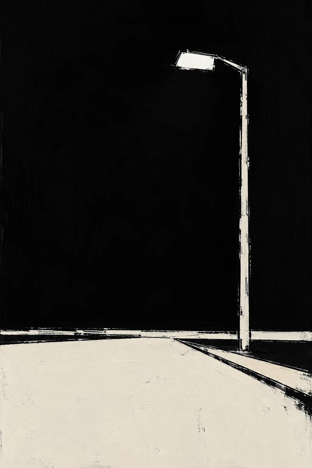 A single street lamp on an empty avenue in black, cream; portrait artwork.