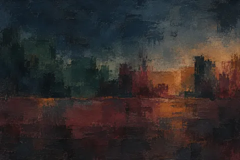 A skyline reduced to soft tonal blocks in black, burgundy, brown, charcoal; landscape artwork.