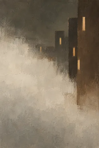 A night skyline as a few lit windows on dark in brown, stone, taupe, sand; portrait artwork.