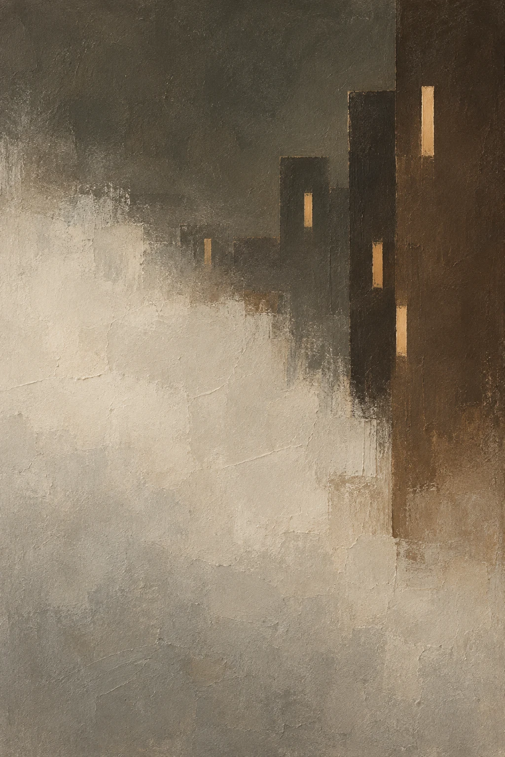 A night skyline as a few lit windows on dark in brown, stone, taupe, sand; portrait artwork.