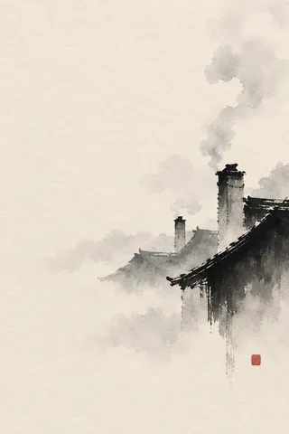 Rooftops and chimneys in morning haze in cream, gray; portrait artwork.