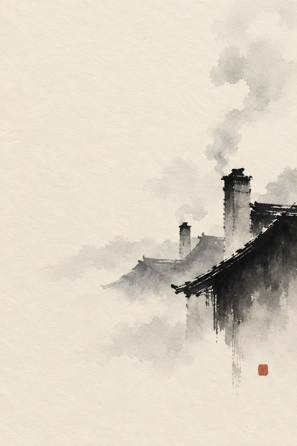 Rooftops and chimneys in morning haze in cream, gray; portrait artwork.